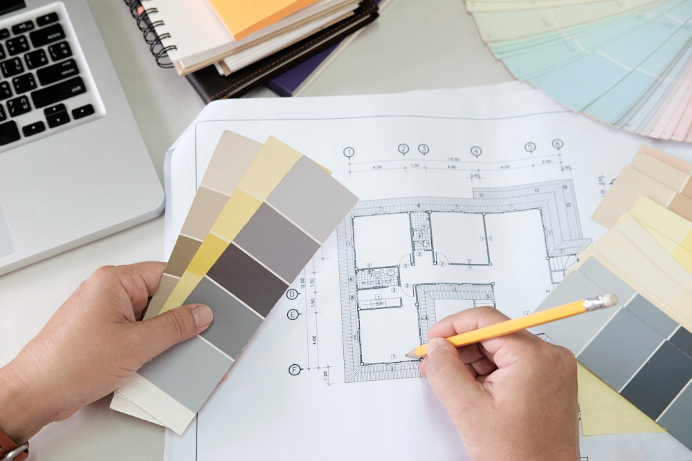 graphic-design-color-swatches-pens-desk-architectural-drawing-with-work-tools-accessories